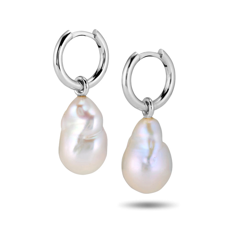 The Baroque Pearl Huggie Hoops in White Gold
