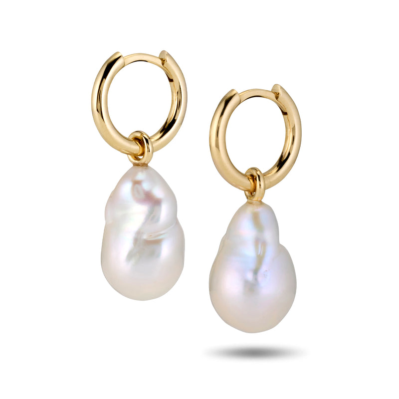 The Baroque Pearl Huggie Hoops in Yellow Gold