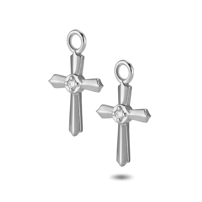 The TREASURE Crucifix Huggie Hoops in White Gold