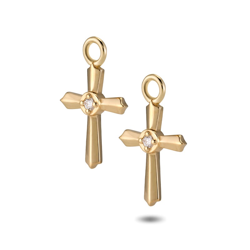 The TREASURE Crucifix Huggie Hoops in Yellow Gold
