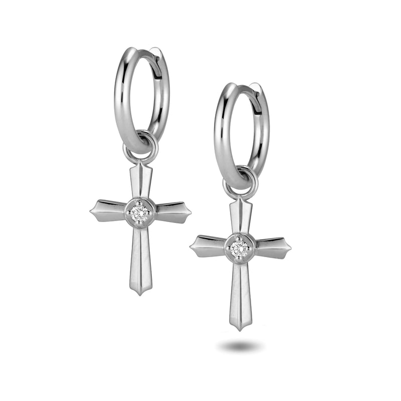 The TREASURE Crucifix Huggie Hoops in White Gold