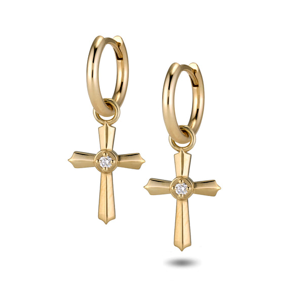 The TREASURE Crucifix Huggie Hoops in Yellow Gold