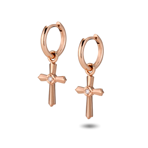 The TREASURE Crucifix Huggie Hoops in Rose Gold