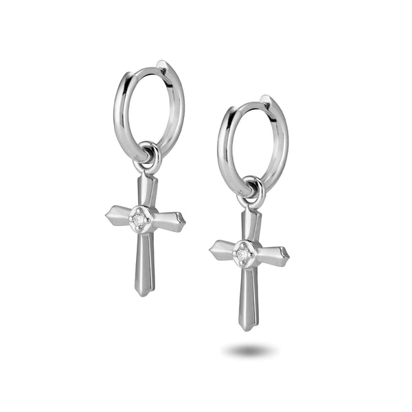 The TREASURE Crucifix Huggie Hoops in White Gold