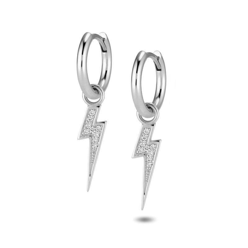 The TREASURE Diamond Lightning Bolt Huggie Hoops in White Gold