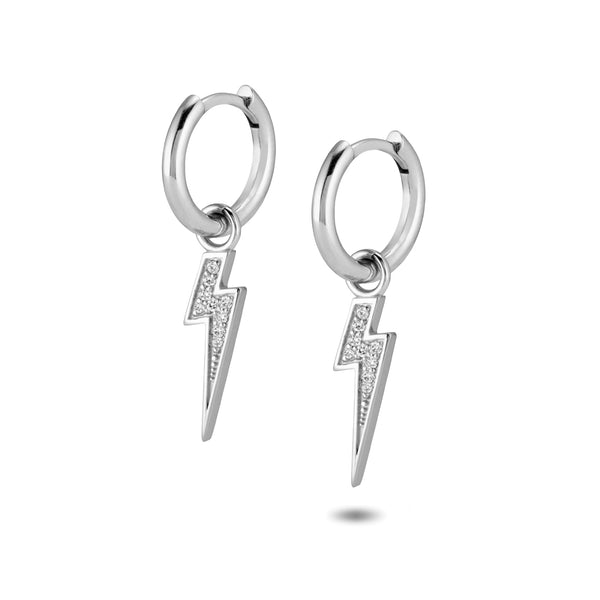 The TREASURE Diamond Lightning Bolt Huggie Hoops in White Gold