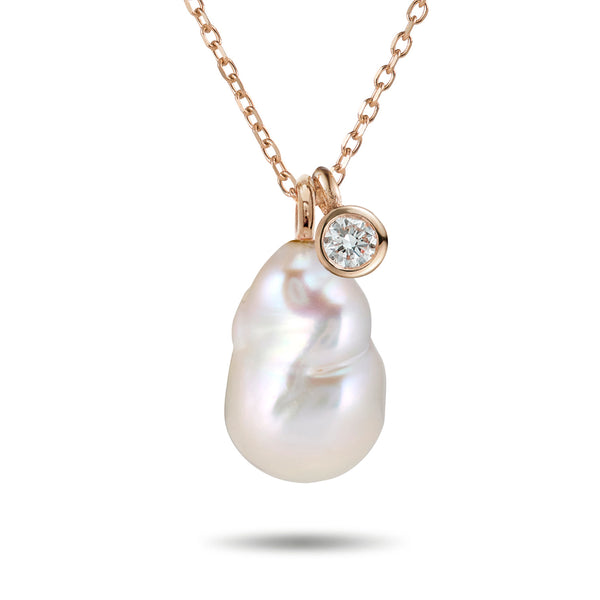 The Big Diamond Drop Baroque Pearl Necklace in Rose Gold