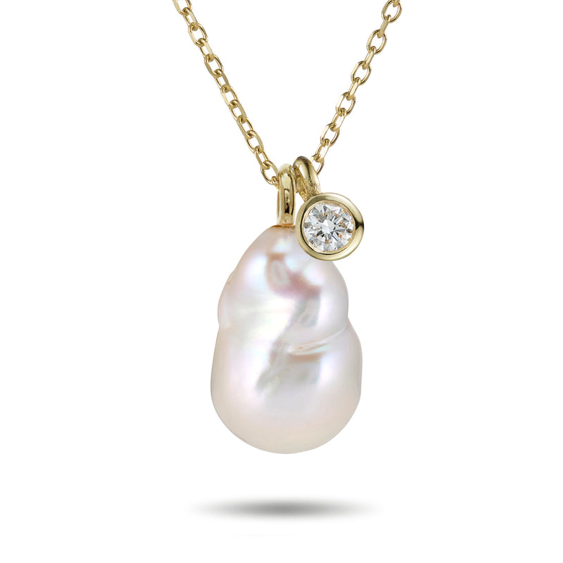 The Big Diamond Drop Baroque Pearl Necklace in Yellow Gold