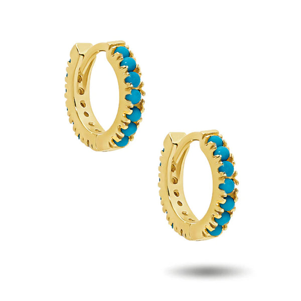 Italian Made Turquoise Set Huggie Earrings in Yellow Gold