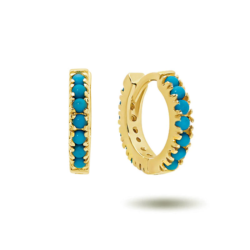 Italian Made Turquoise Set Huggie Earrings in Yellow Gold