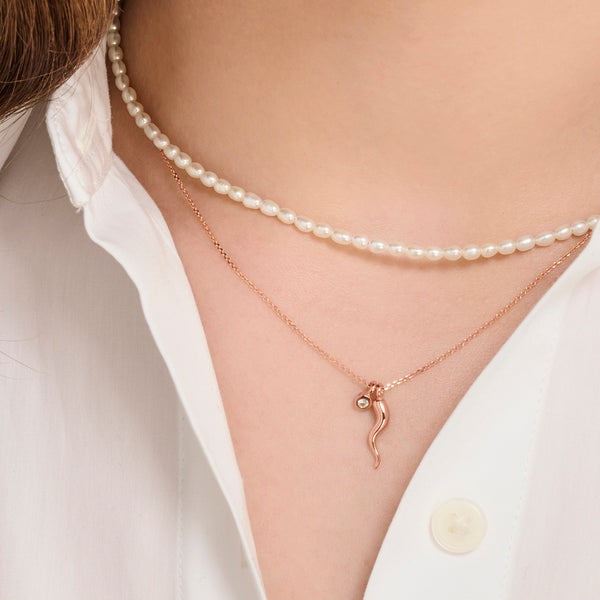Baby Diamond Drop Italian Horn Necklace in Rose Gold