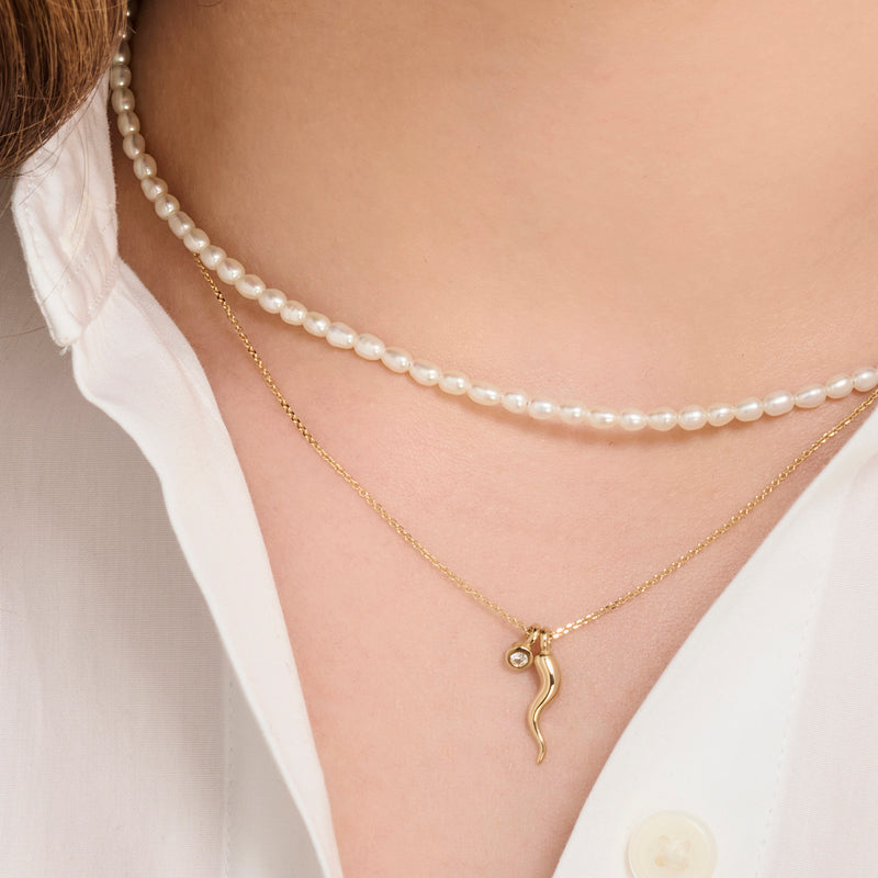 Baby Diamond Drop Italian Horn Necklace in Yellow Gold