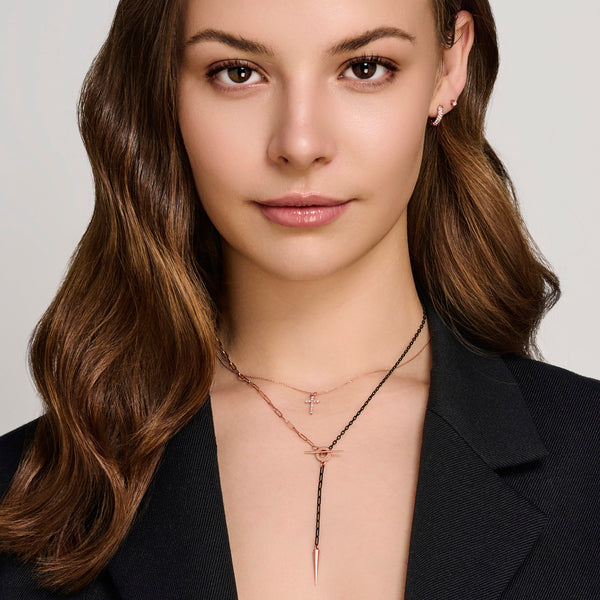 Asymmetrical Spiked Imitation T Bar Lariat Necklace in Black and Rose Gold