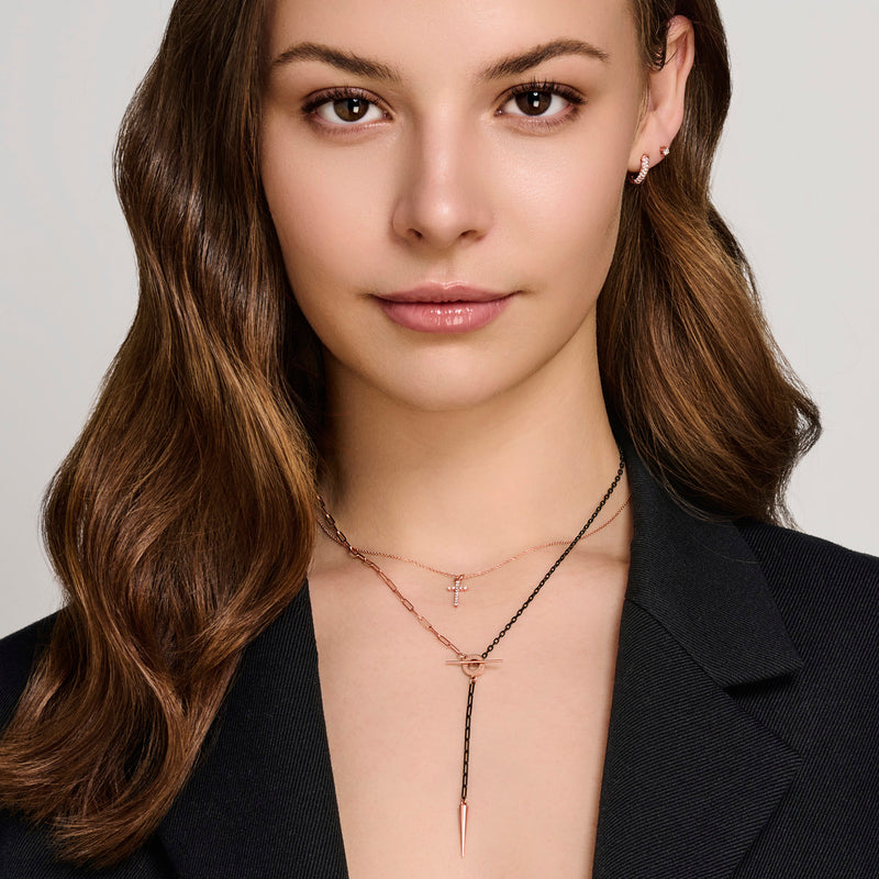 Asymmetrical Spiked Imitation T Bar Lariat Necklace in Black and Rose Gold