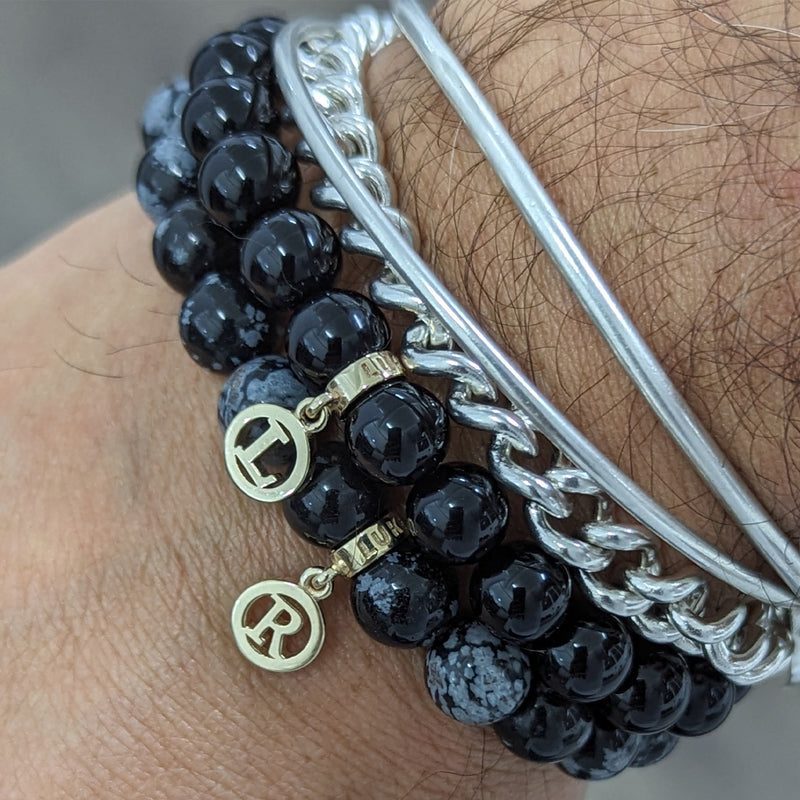 Onyx Beaded Initial Disc Bracelet in Yellow Gold