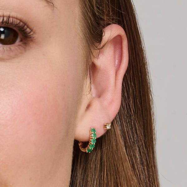 Italian Made Emerald Set Huggie Earrings in White Gold