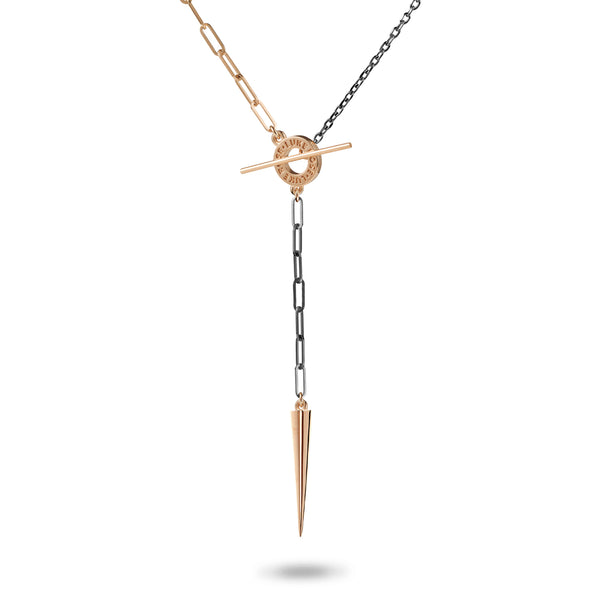 Asymmetrical Spiked Lariat Necklace in Black and Rose Gold