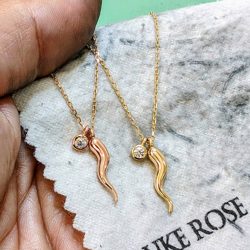 "RTS" Diamond Drop Italian Horn Necklace in Rose Gold