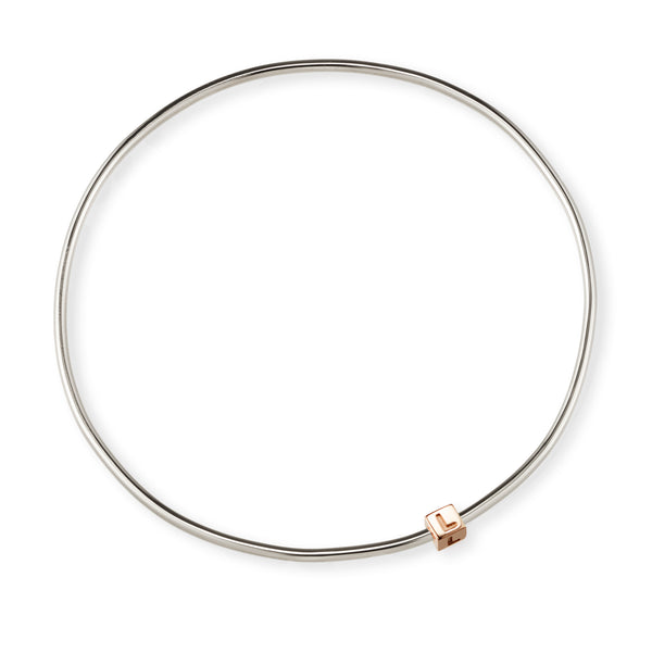 1 Cube Initial Bangle in Sterling Silver and Rose Gold