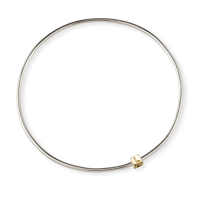 1 Cube Initial Bangle in Sterling Silver and Yellow Gold