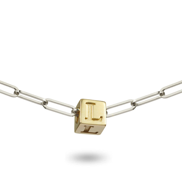 1 Cube BOLD Initial Necklace in Sterling Silver and Yellow Gold