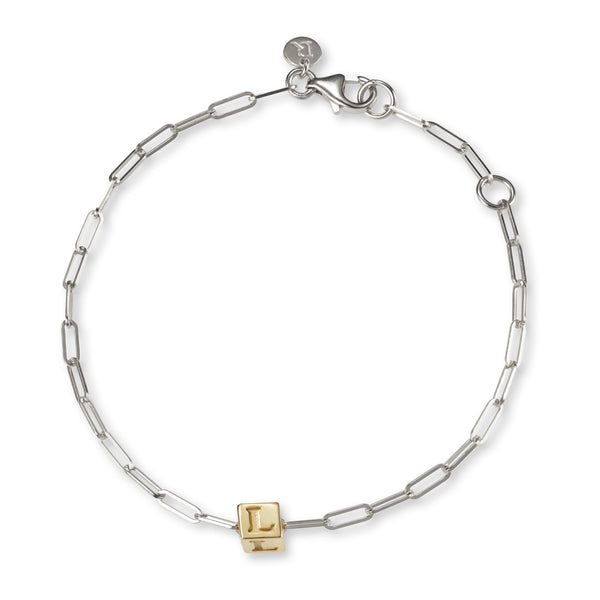 1 Cube BOLD Initial Bracelet in Sterling Silver and Yellow Gold