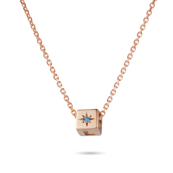 1 Cube Initial Necklace with Birthstone in Rose Gold