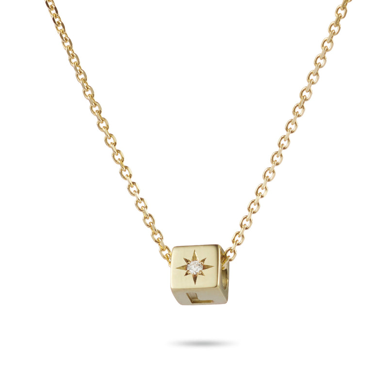1 Cube Initial Necklace with Birthstone in Yellow Gold