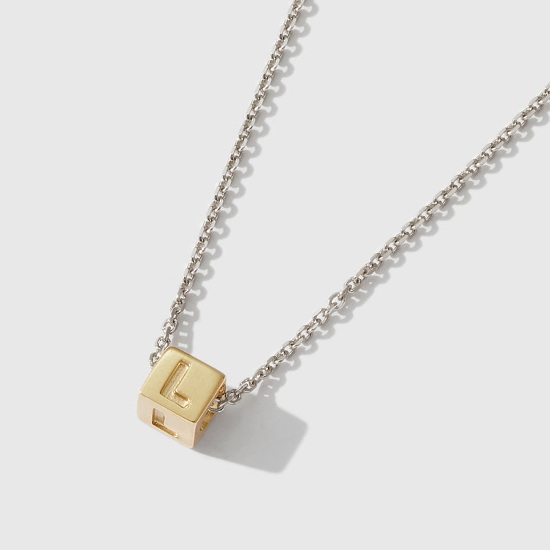 1 Cube Initial Necklace in Yellow Gold and Sterling Silver