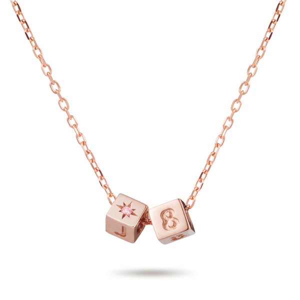 Birthstone Initial Cube and Date Cube Necklace in Rose Gold
