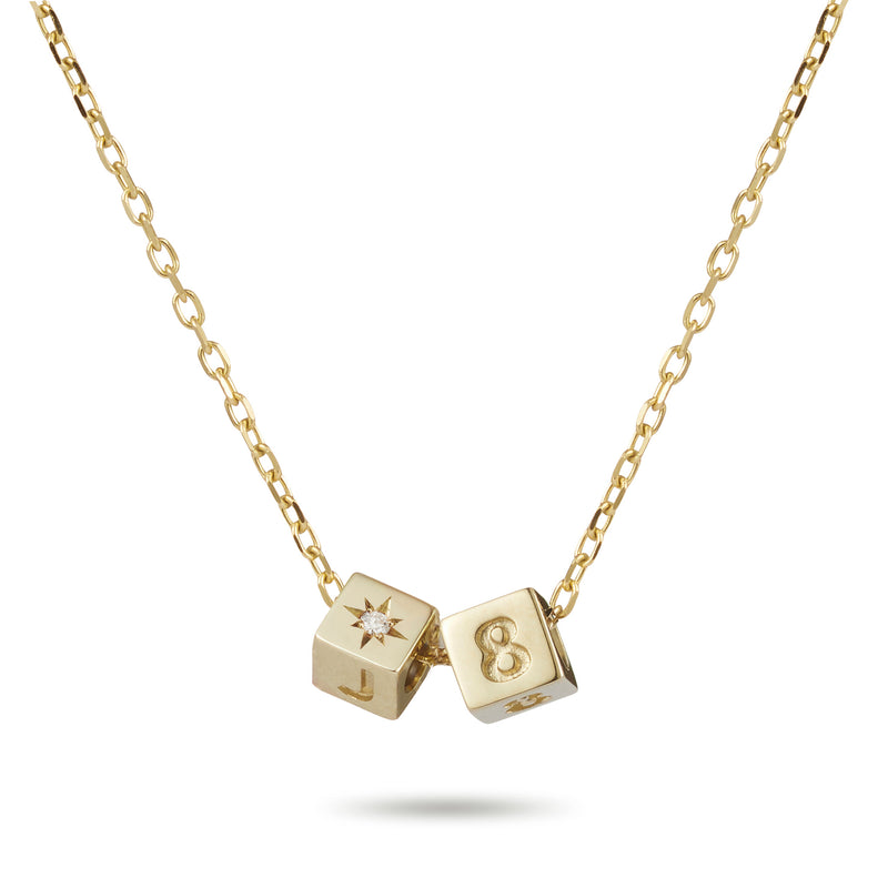 Birthstone Initial Cube and Date Cube Necklace in Yellow Gold