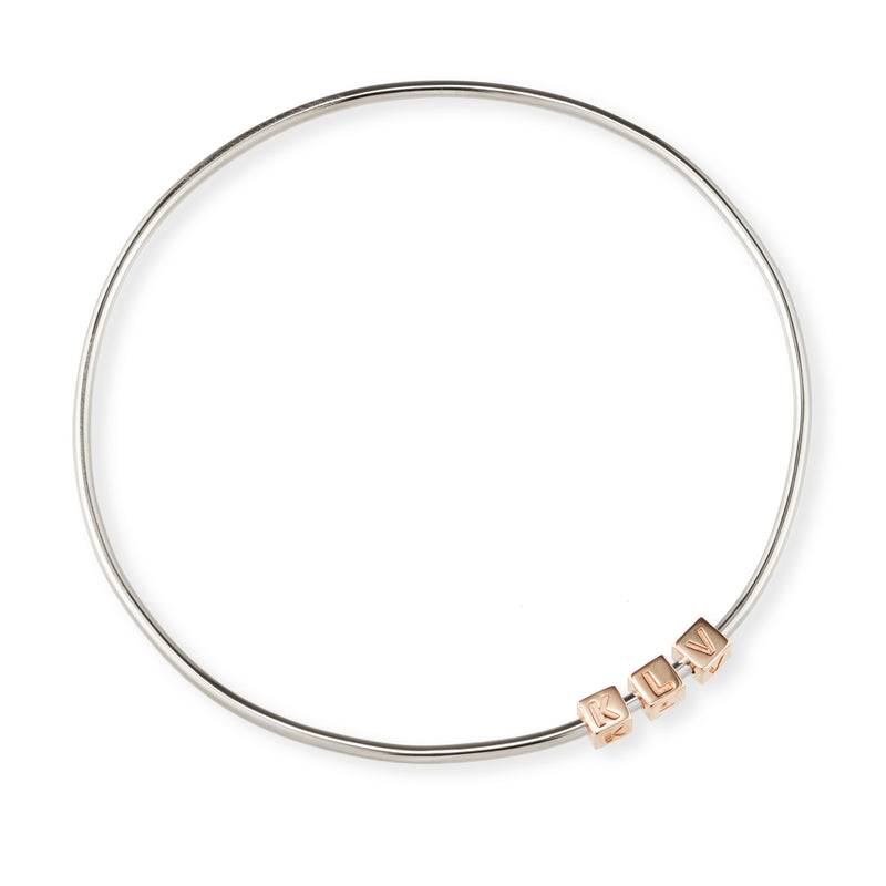 3 Cube Initial Bangle in Sterling Silver and Rose Gold