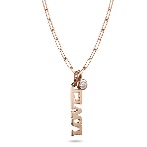 Big LOVED Diamond Paperclip Necklace in Rose Gold