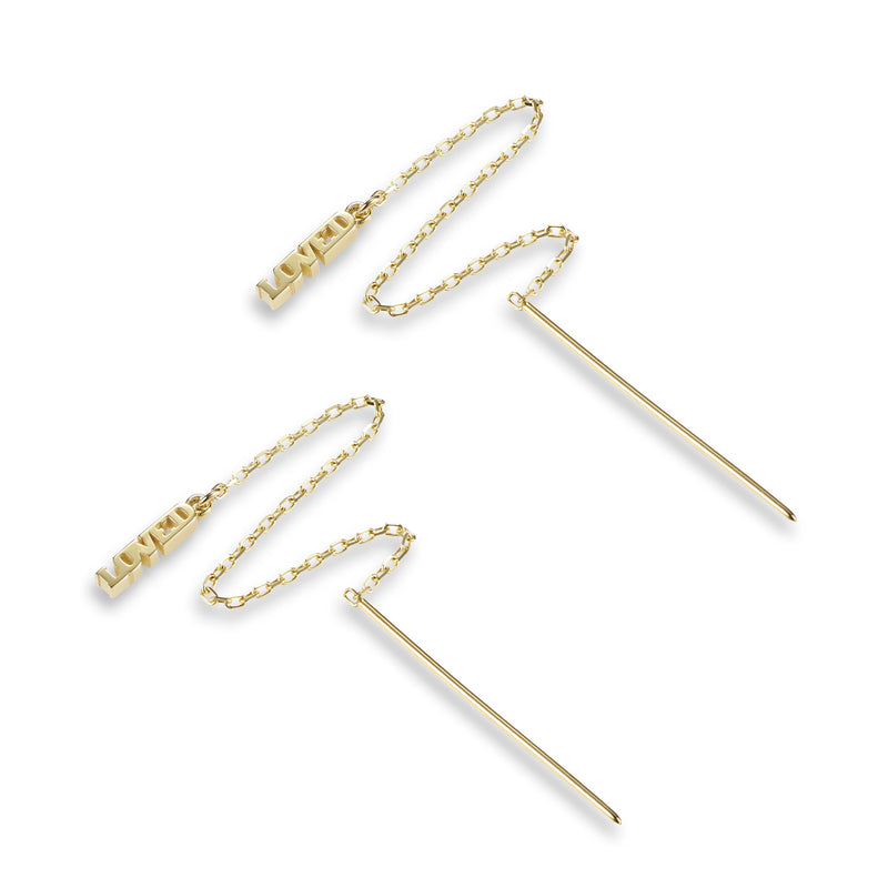 Pair of LOVED Thread Earrings in Yellow Gold