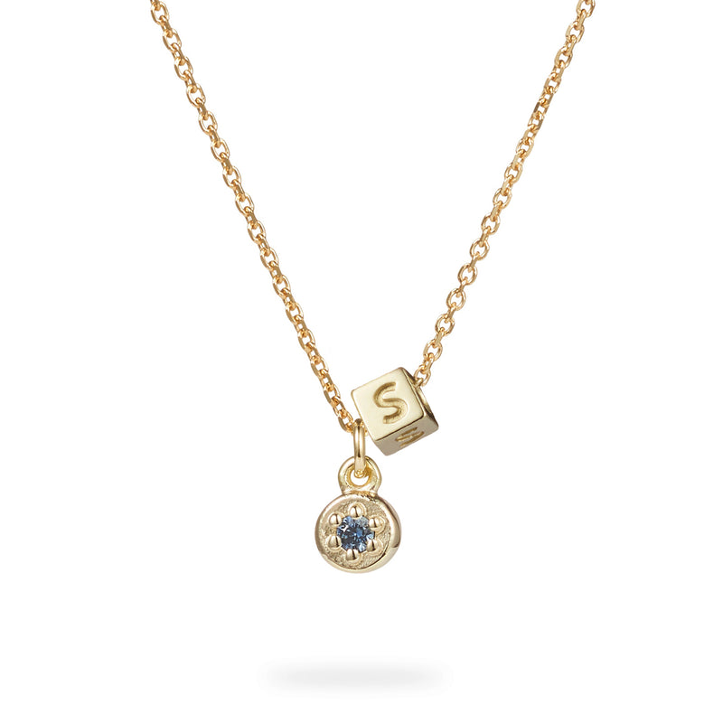 Birthstone Poppy Rock Initial Cube Necklace in Yellow Gold