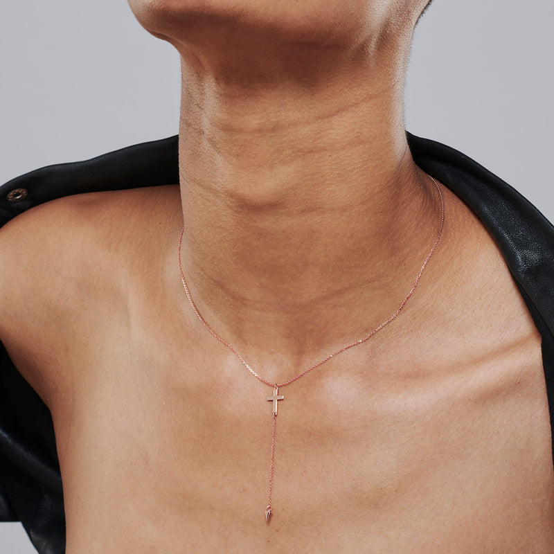 Spiked Crucifix Lariat Necklace in Rose Gold