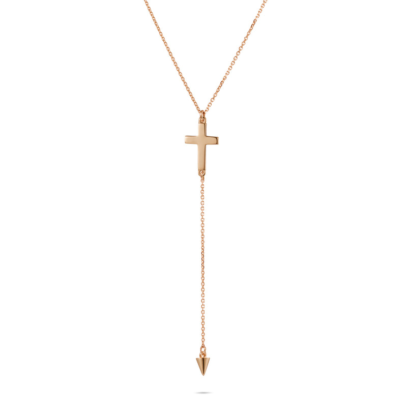 Spiked Crucifix Lariat Necklace in Rose Gold