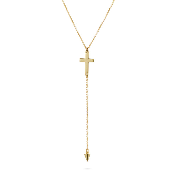 Spiked Crucifix Lariat Necklace in Yellow Gold