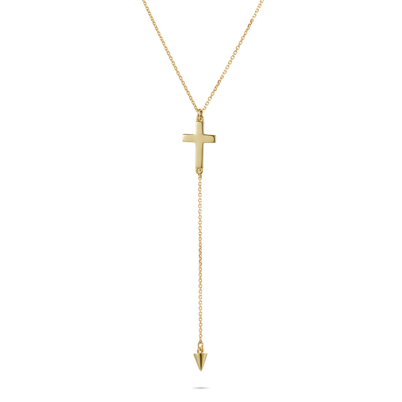 Spiked Crucifix Lariat Necklace in Yellow Gold