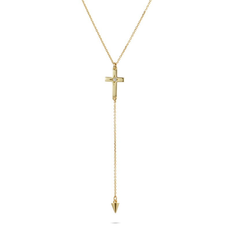Spiked Diamond Set Crucifix Lariat Necklace in Yellow Gold