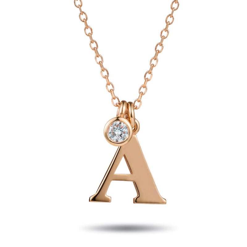Big Diamond Drop Initial Necklace in Rose Gold