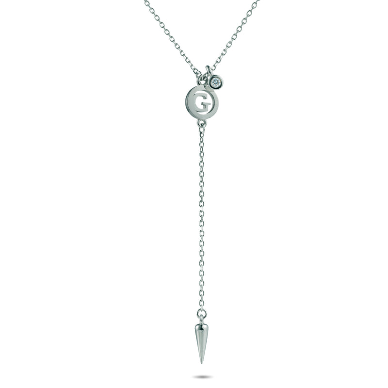 Diamond Drop Initial Disc Spiked Lariat Necklace in Platinum