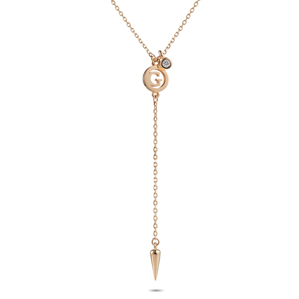 Diamond Drop Initial Disc Spiked Lariat Necklace in Rose Gold