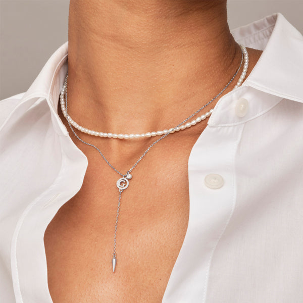 Diamond Drop Initial Disc Spiked Lariat Necklace in Platinum