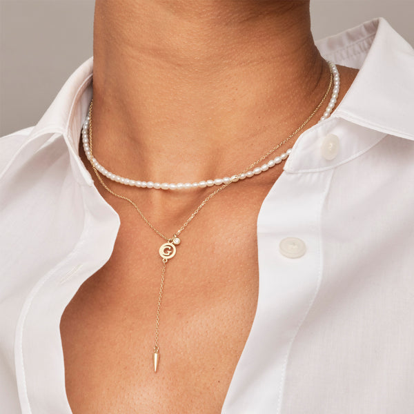 Diamond Drop Initial Disc Spiked Lariat Necklace in Yellow Gold