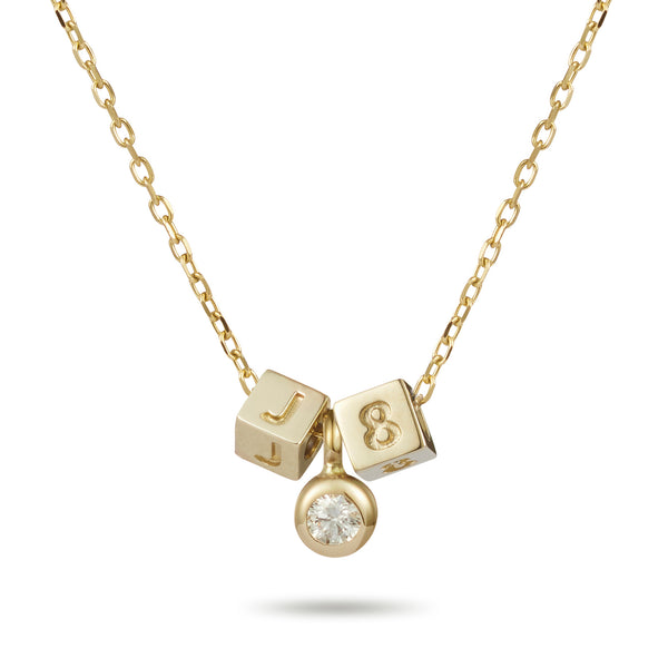 Diamond Drop Initial Cube and Date Cube Necklace in Yellow Gold