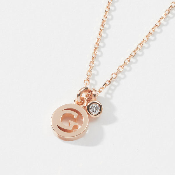 Diamond Drop Initial Disc Necklace in Rose Gold