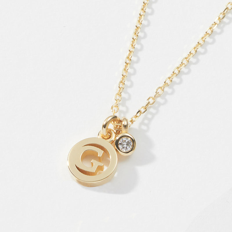 Diamond Drop Initial Disc Necklace in Yellow Gold