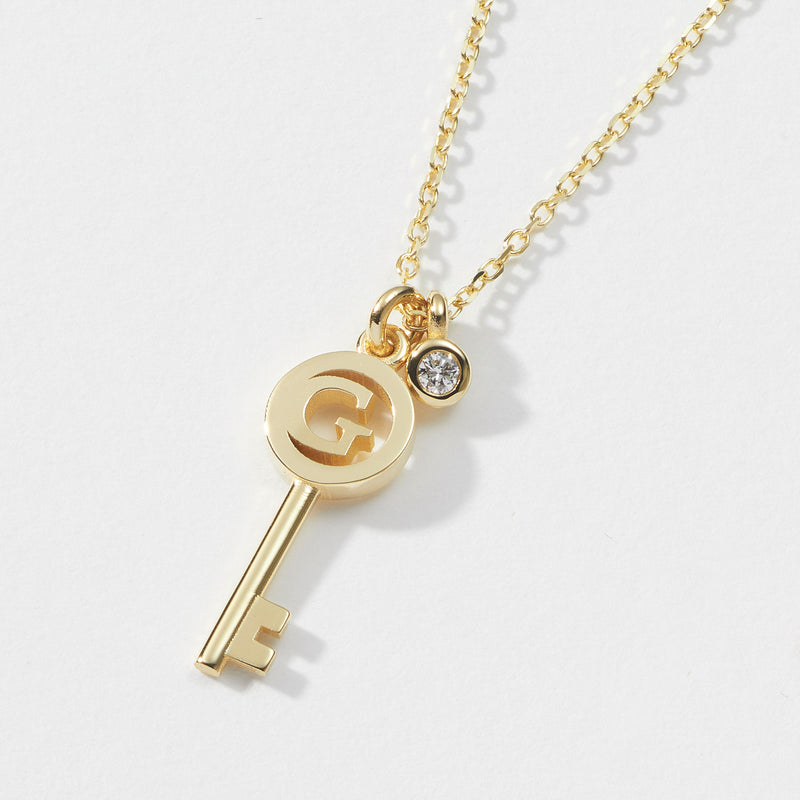 Diamond Drop Initial Key Necklace in Yellow Gold