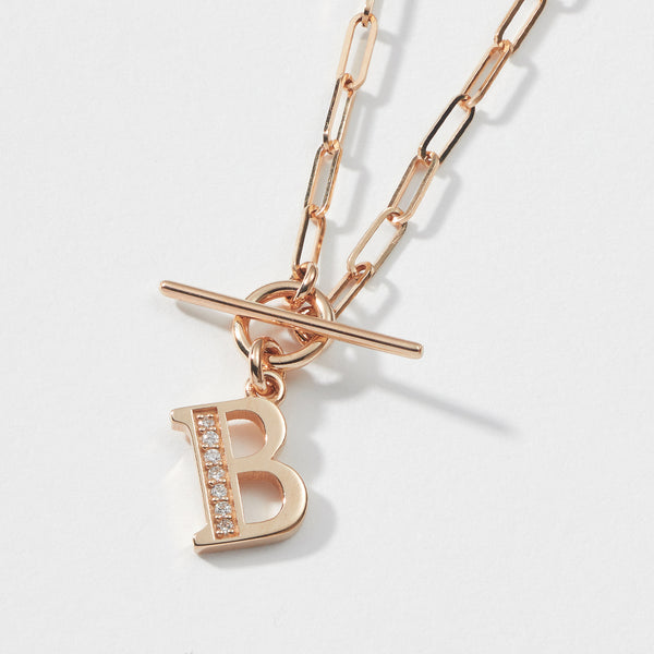 Diamond Initial Paperclip T Bar Necklace in Rose Gold